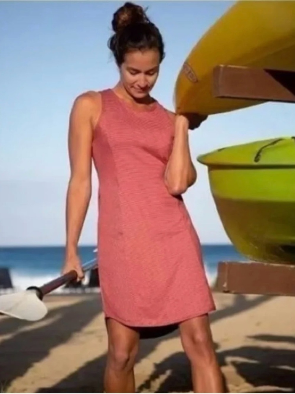 Title Nine Buttah Tank Dress Guava Striped Red Gray Sz M  Stretch Athletic